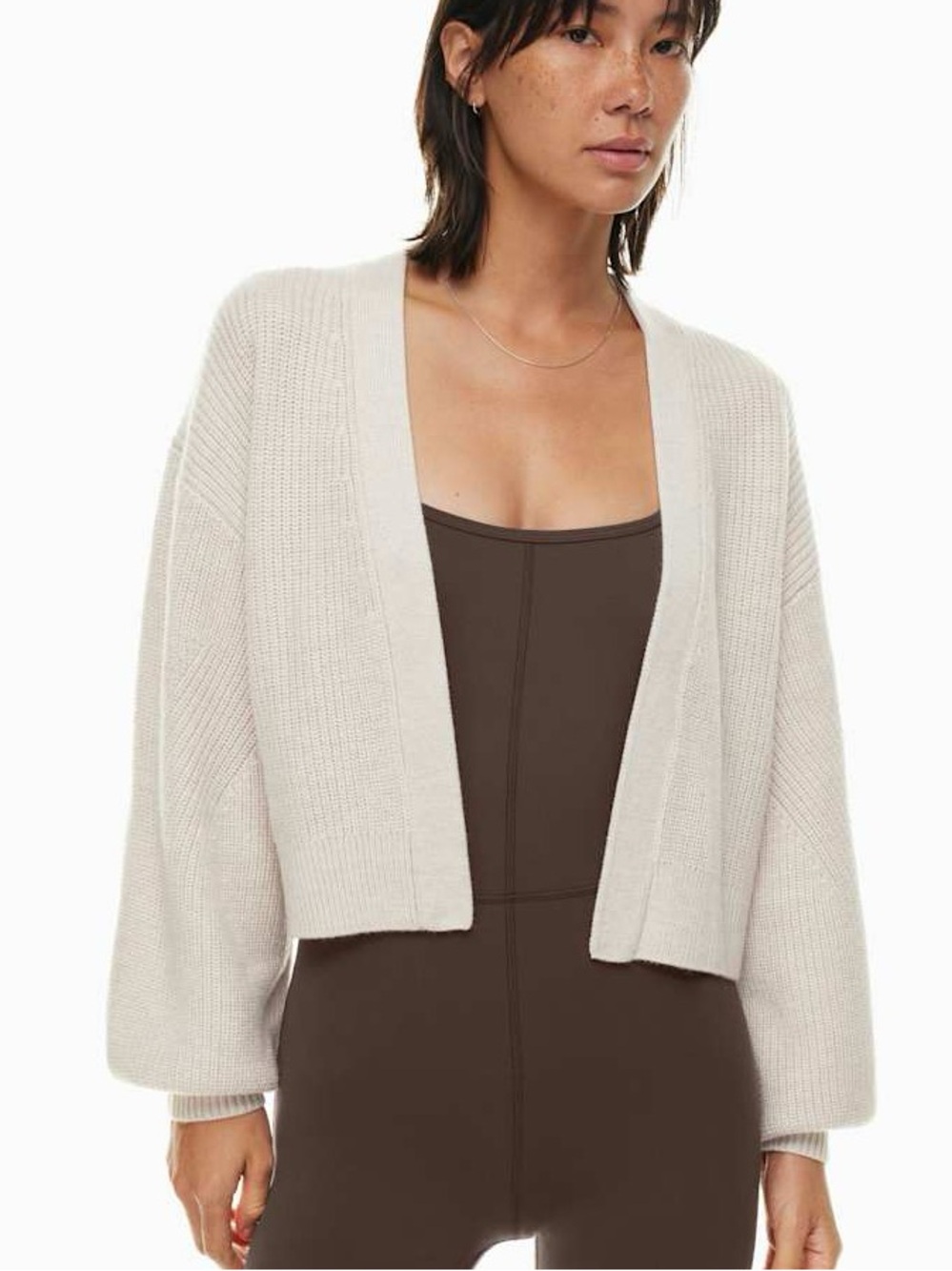 Wilfred Unwind Merino Wool Waist Cardigan Heather Birch Boxy Open-Front Cropped